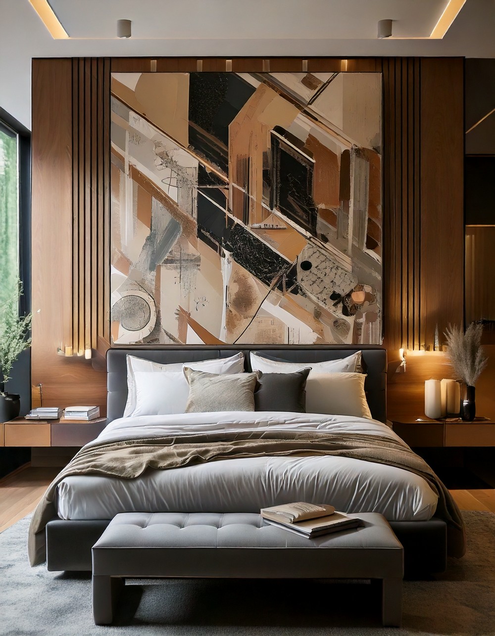 Place a large abstract artwork above the bed