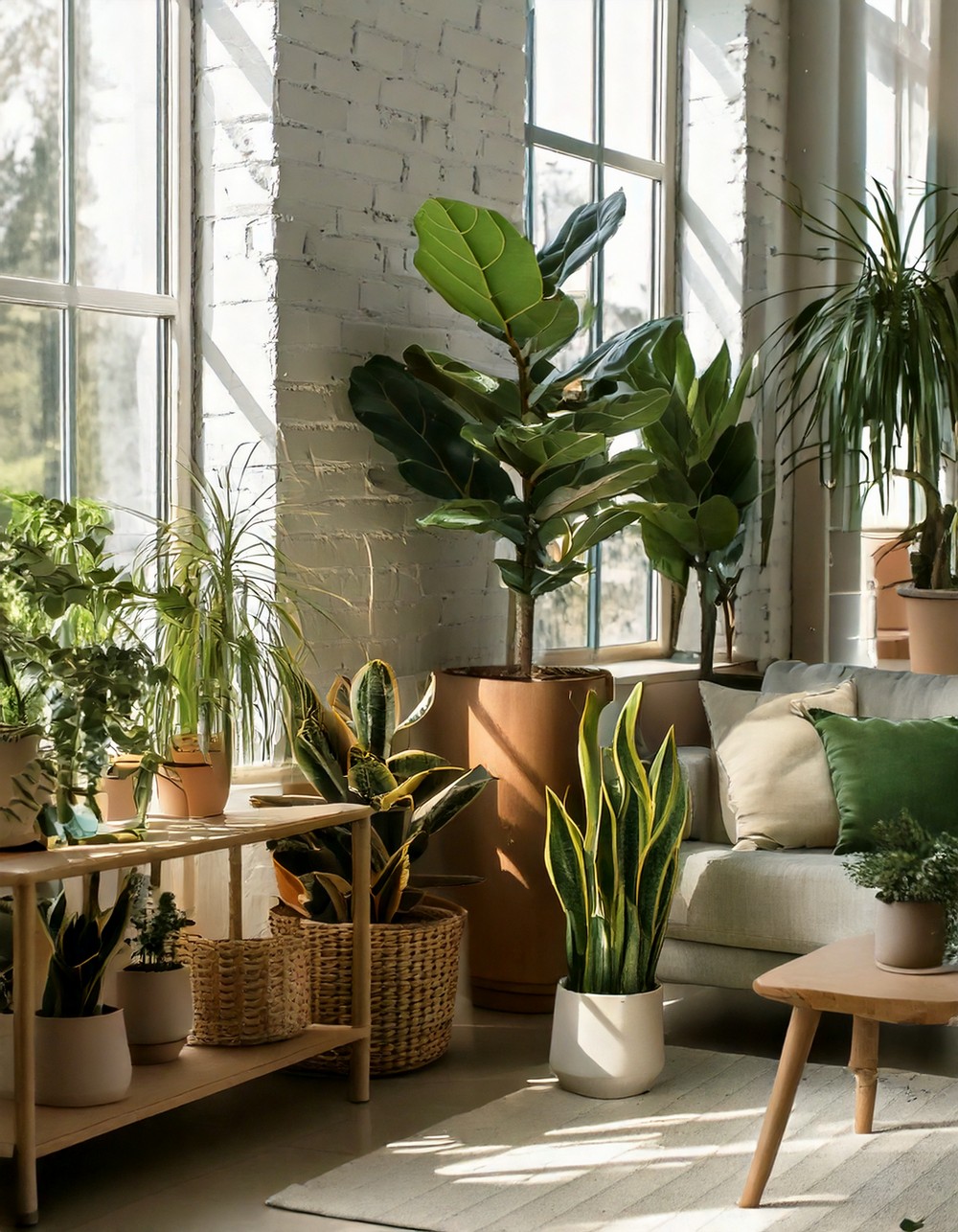 Potted plants like fiddle-leaf figs and snake plants