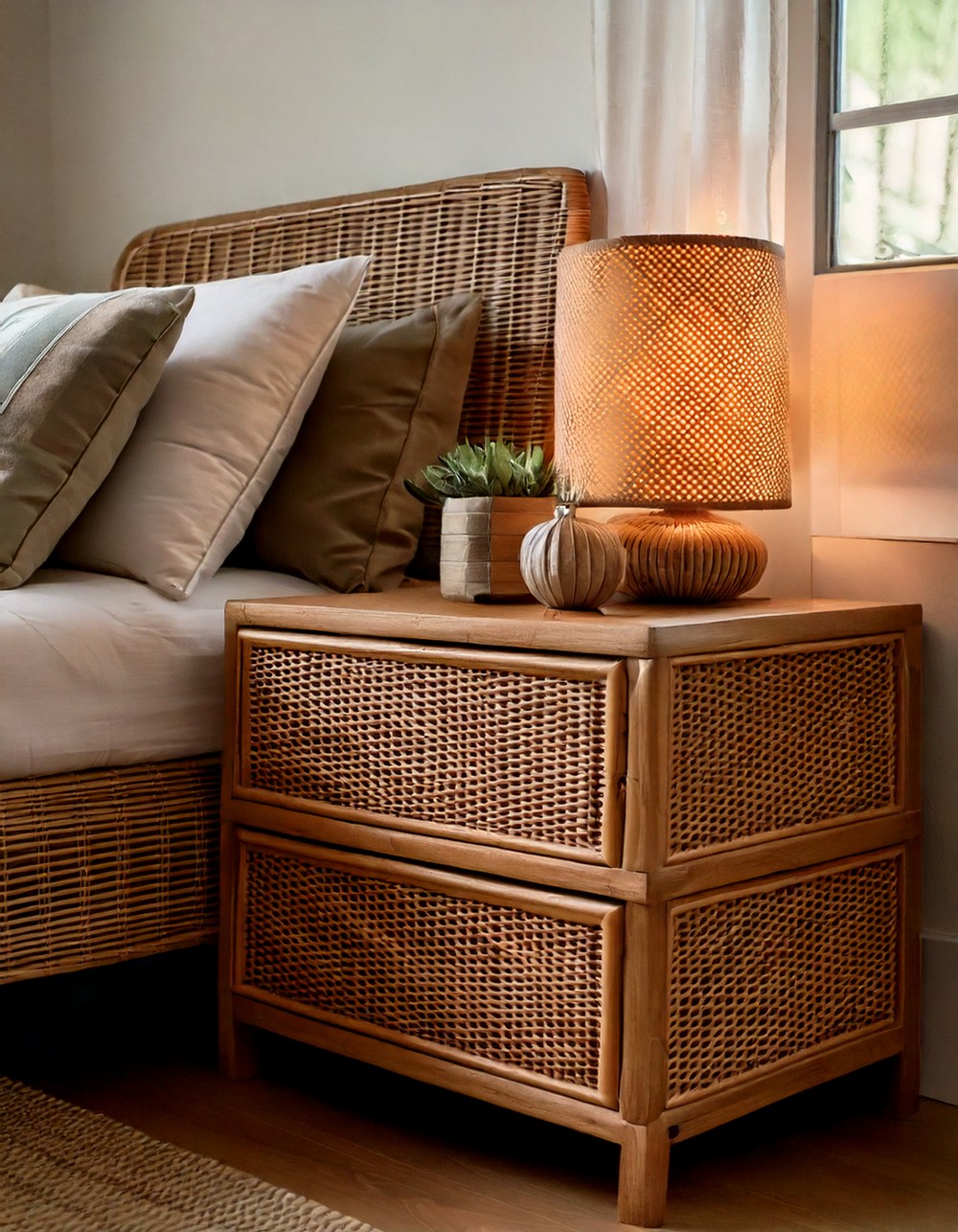 Rattan woven nightstand for earthy texture