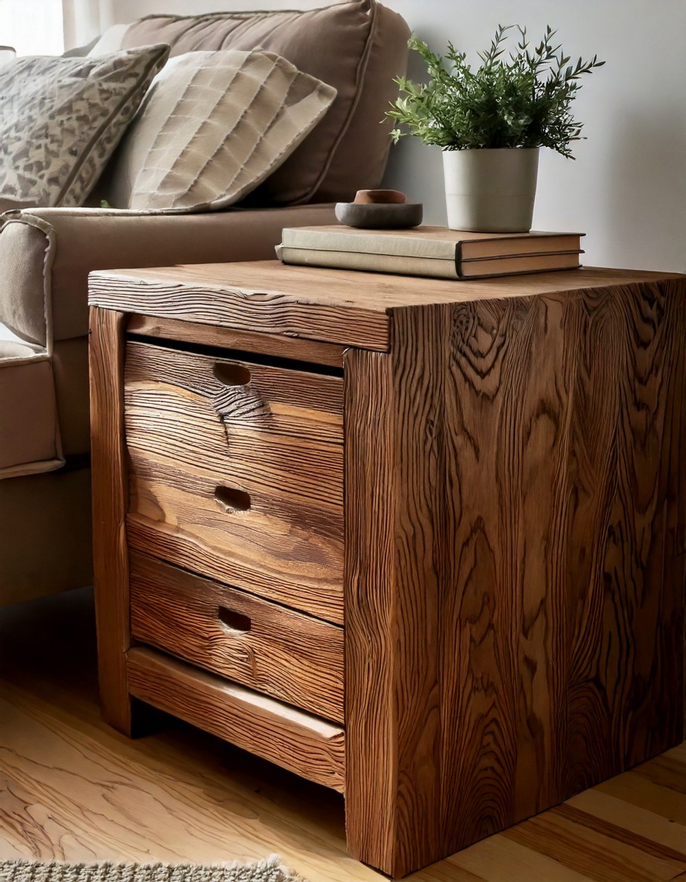 Rustic reclaimed wood nightstand with raw edges