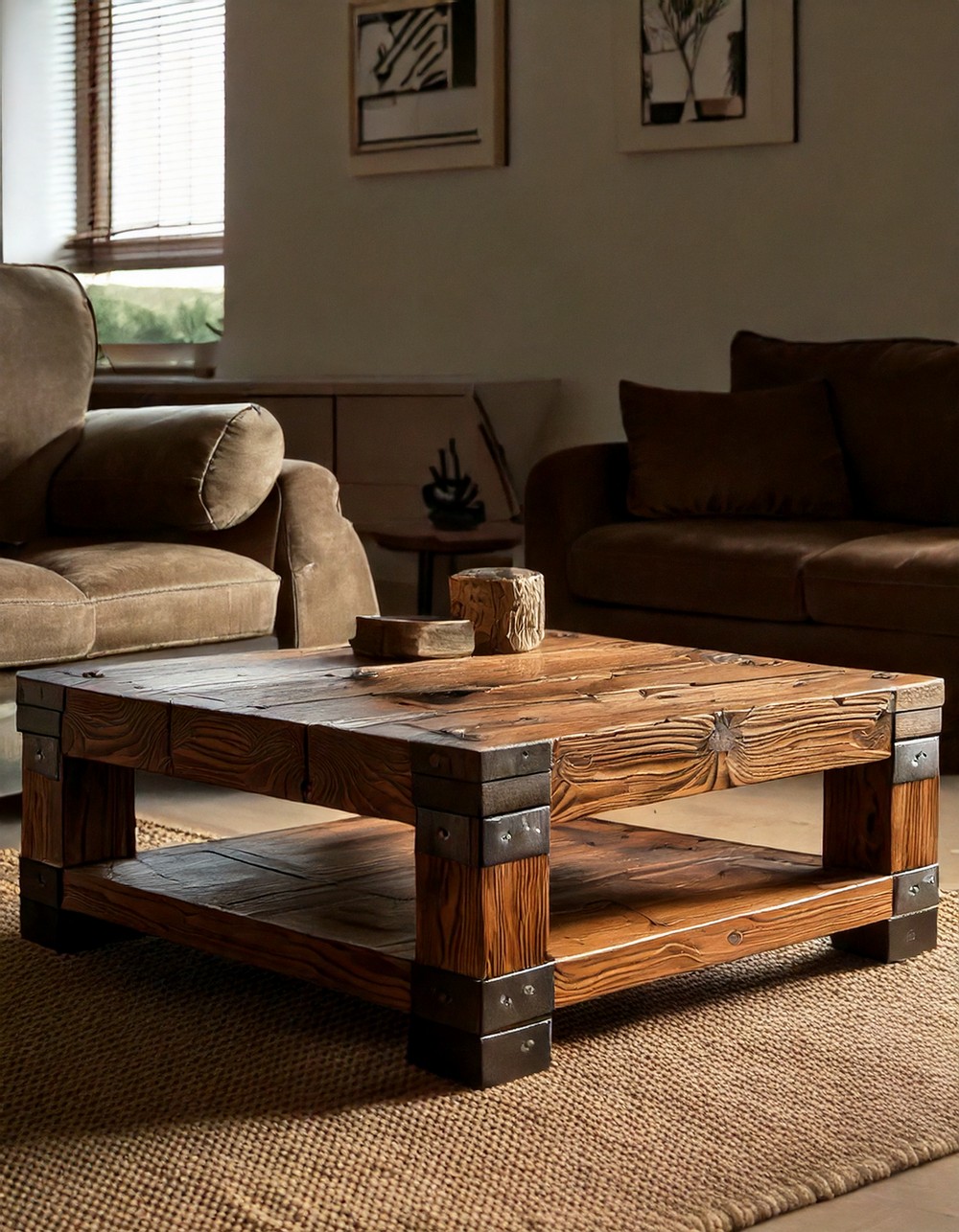 Rustic wooden coffee table with metal accents