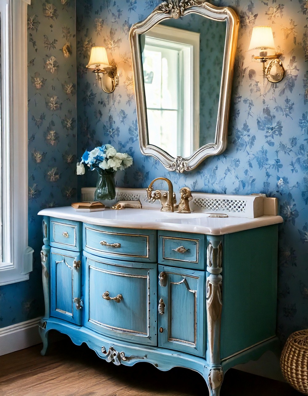 Vintage Floating Vanity with Blue Floral Accents