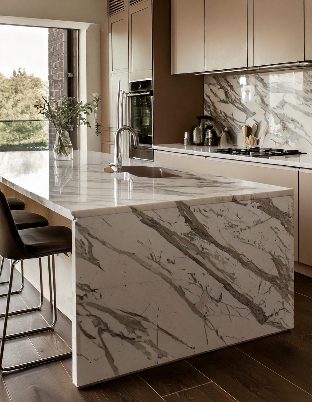 Waterfall-edge marble countertops