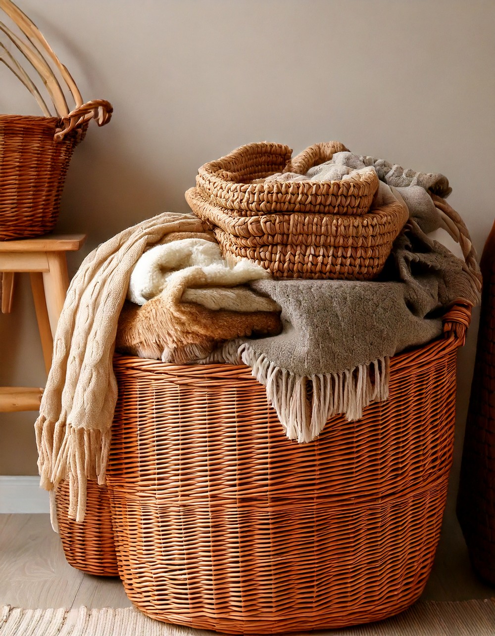 Woven Baskets with Cozy Blanket Storage