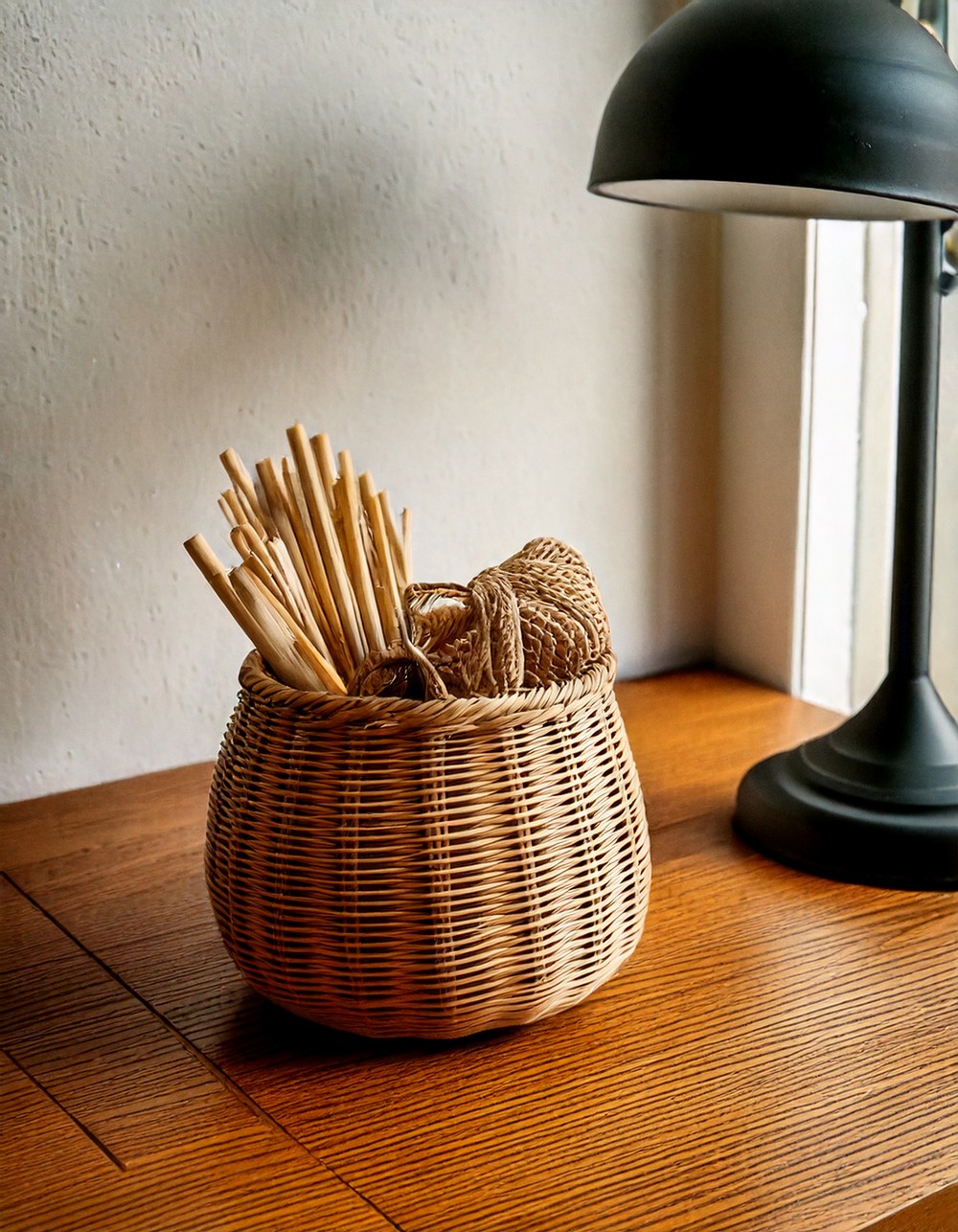 Woven rattan or seagrass storage baskets