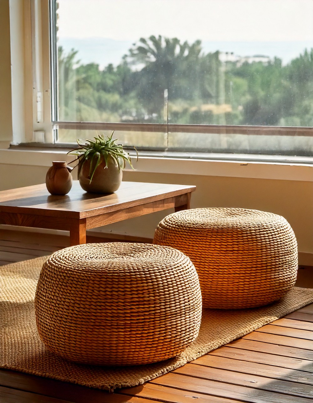 Woven seagrass poufs
