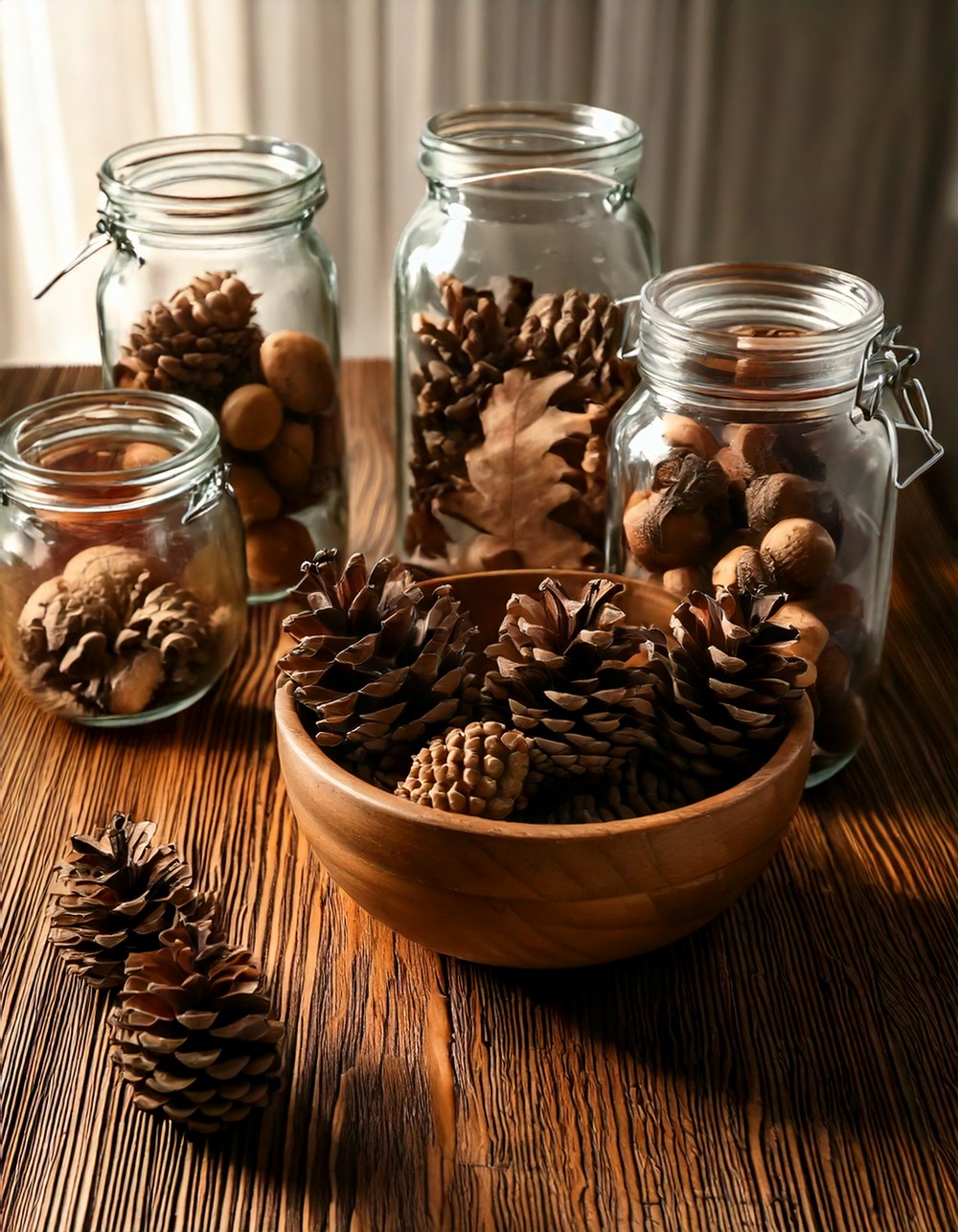 Add Pinecones and Acorns in Bowls or Jars