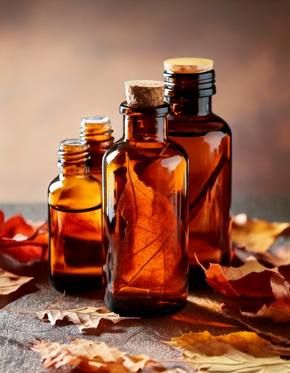 Amber Glass Bottles with Dried Leaves