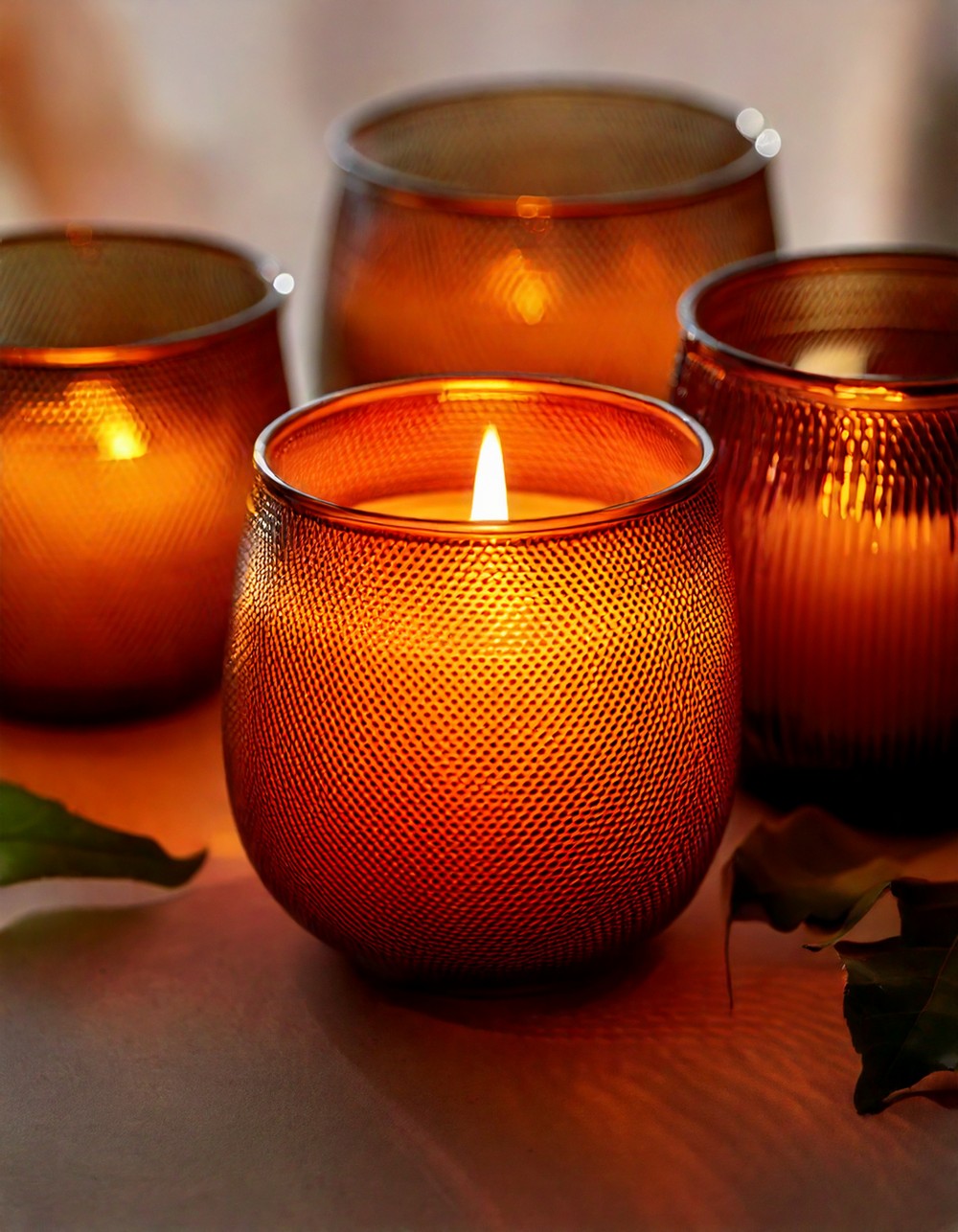 Amber Glass Candle Holders with Warm Glow