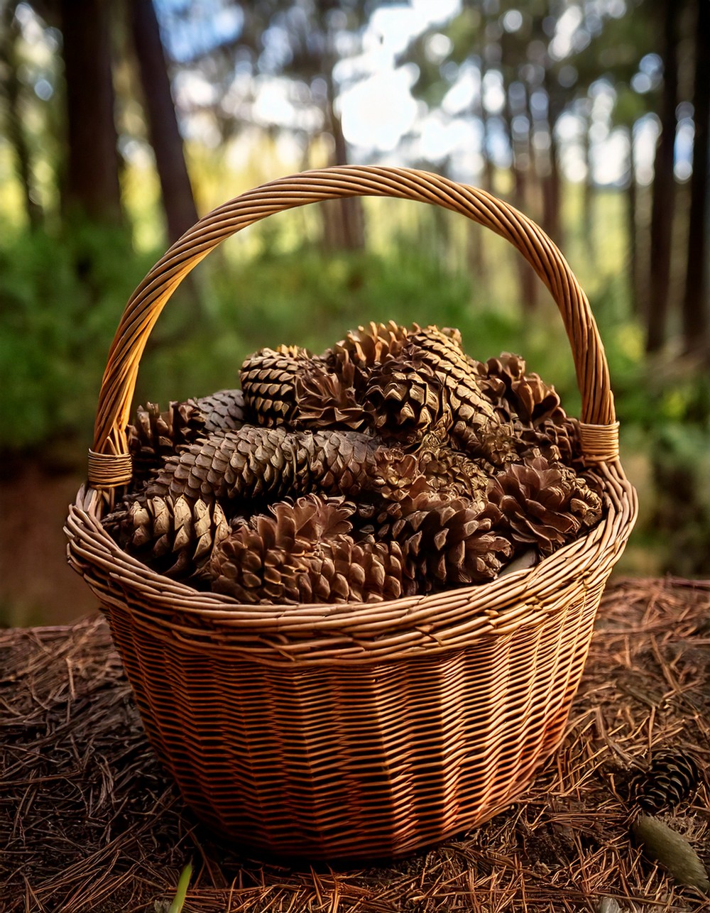 Antique Basket Overflowing with Pinecones