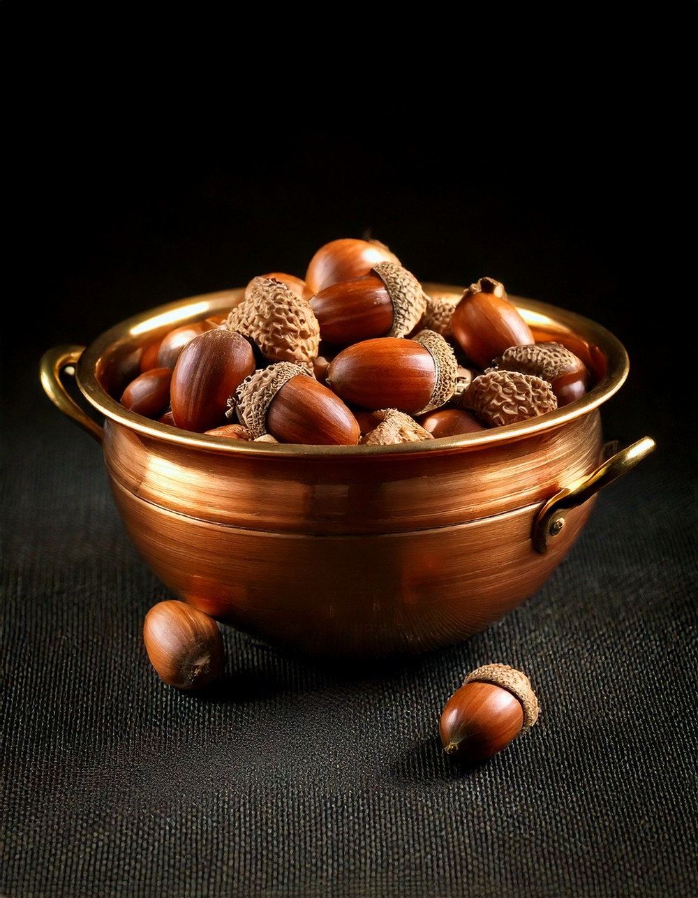 Antique Brass Bowl Filled with Acorns