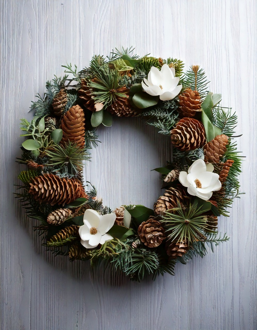 Asymmetrical Magnolia and Pinecone Wreath