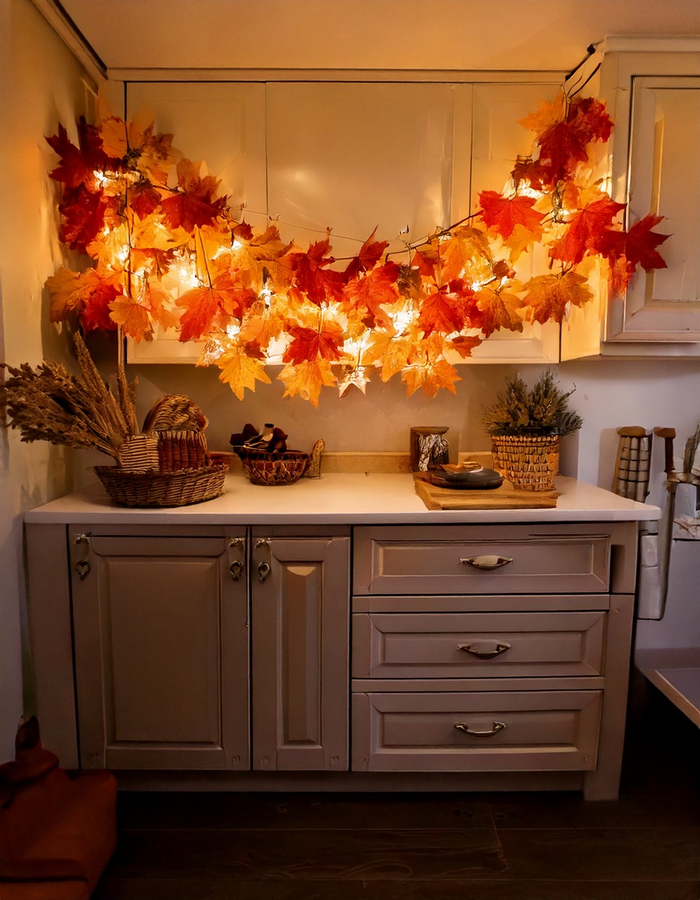 Autumn Leaf Garland Above Cabinets