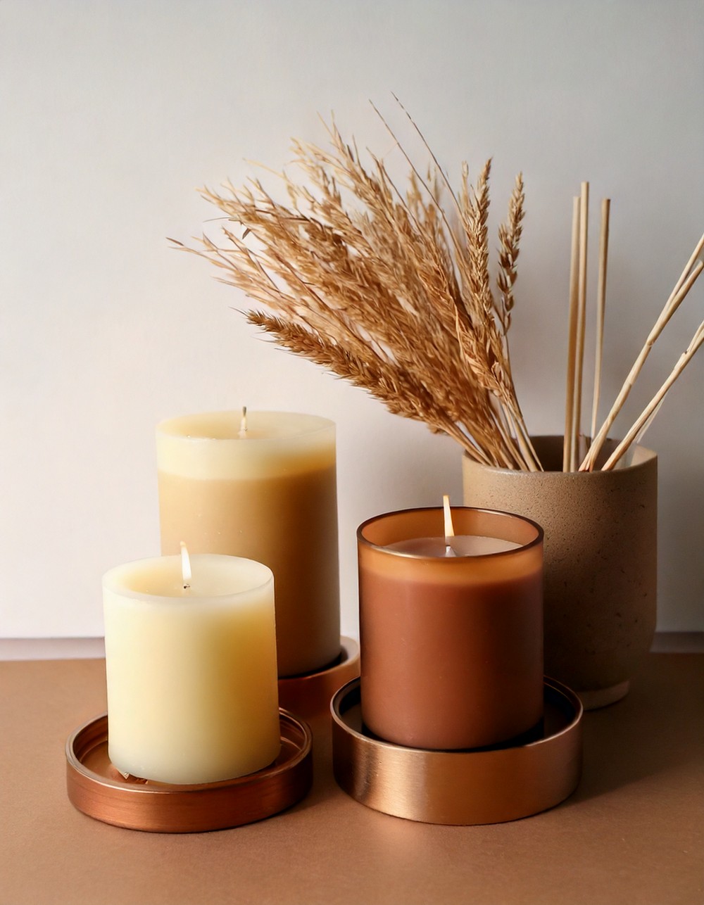 Beige and Brown Taper Candles in Minimal Holders