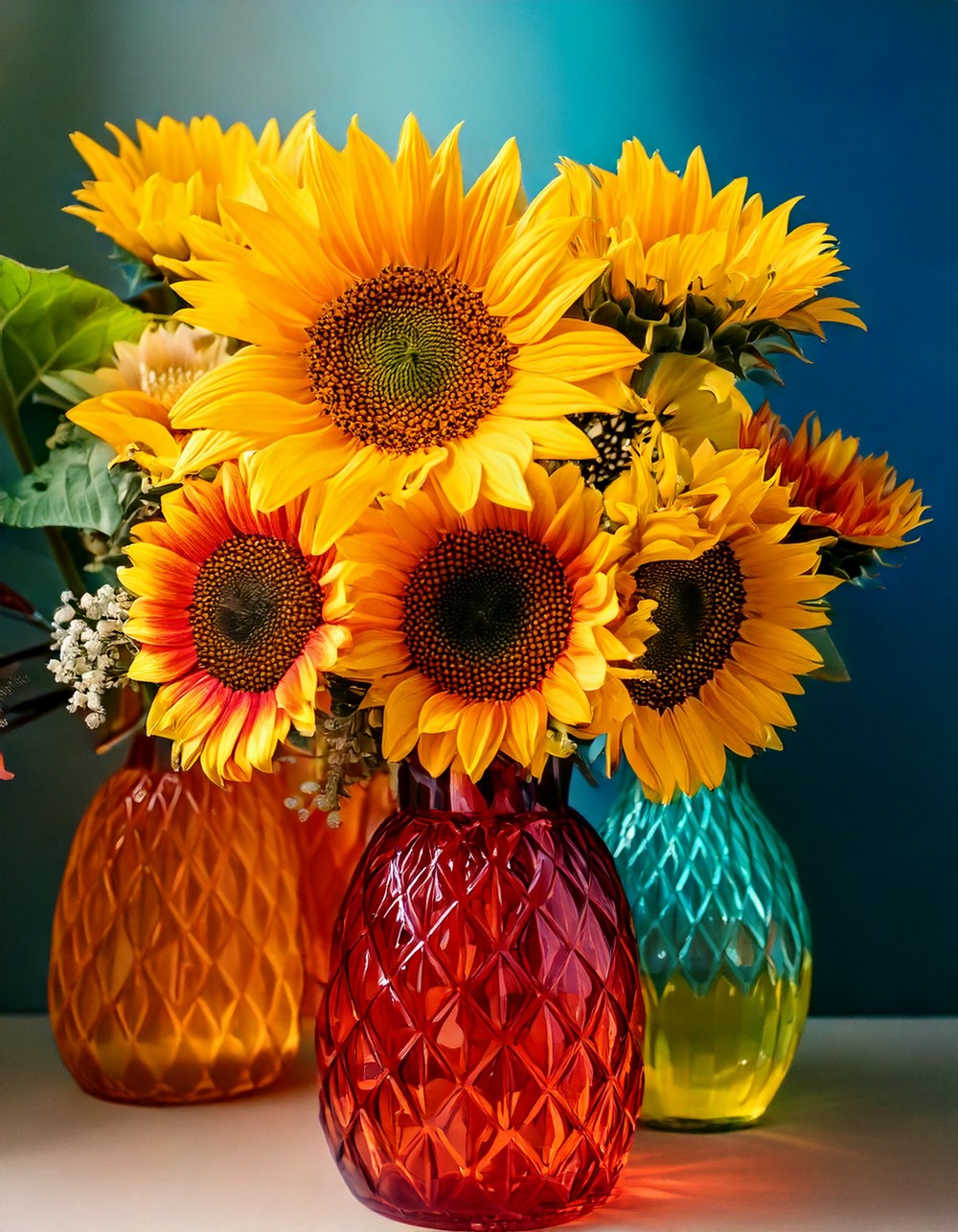 Bold Sunflower Arrangements in Vibrant Vases