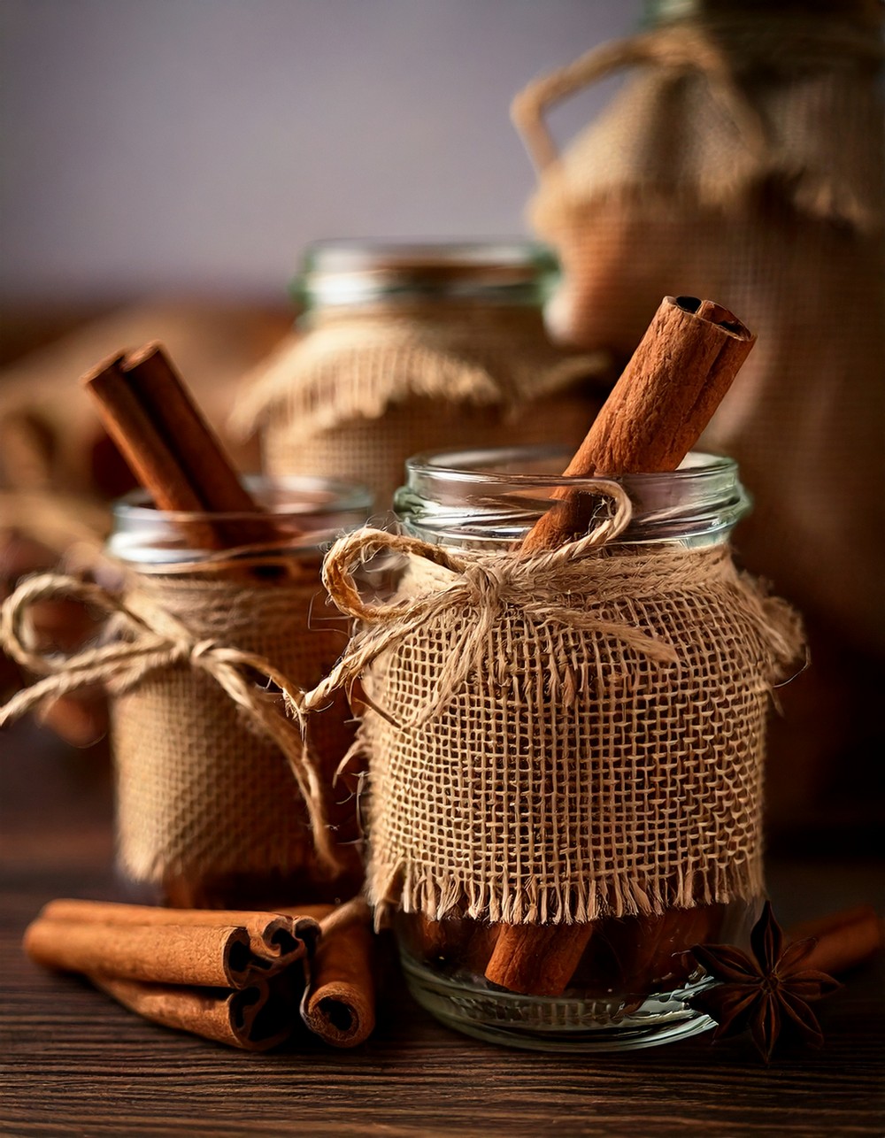 Burlap-Wrapped Jars with Cinnamon Stick Accents