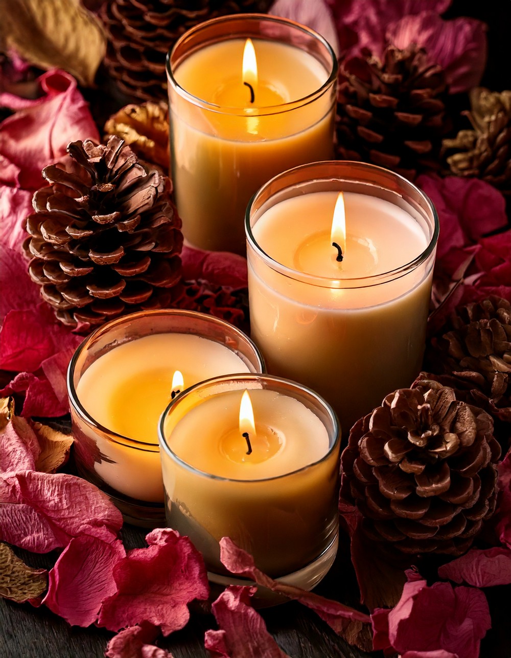 Candles Surrounded by Petals and Pinecones