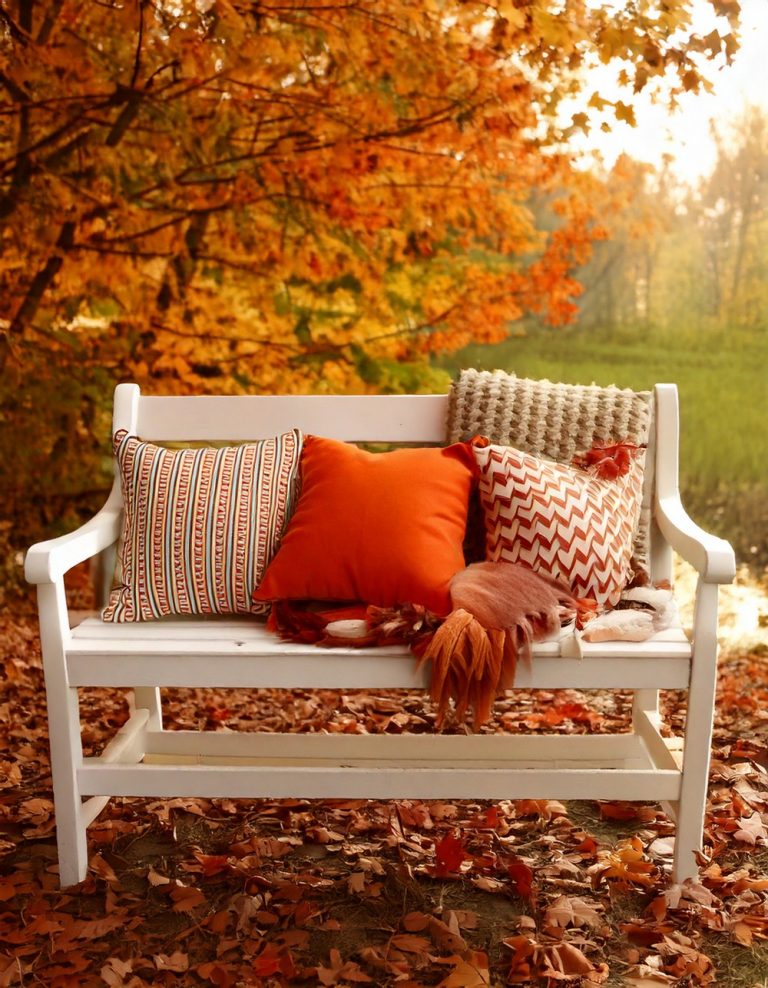 Chippy White Bench Styled with Autumn Pillows