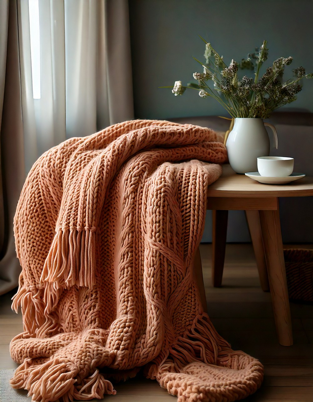 Chunky Knit Throw Draped Beside the Table
