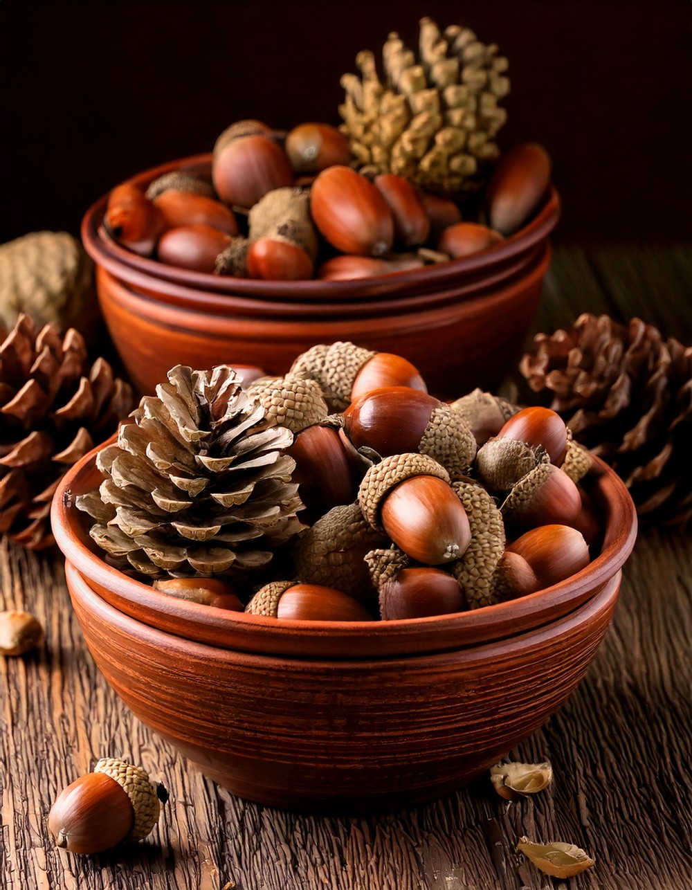 Clay Bowls Filled with Acorns and Pinecones