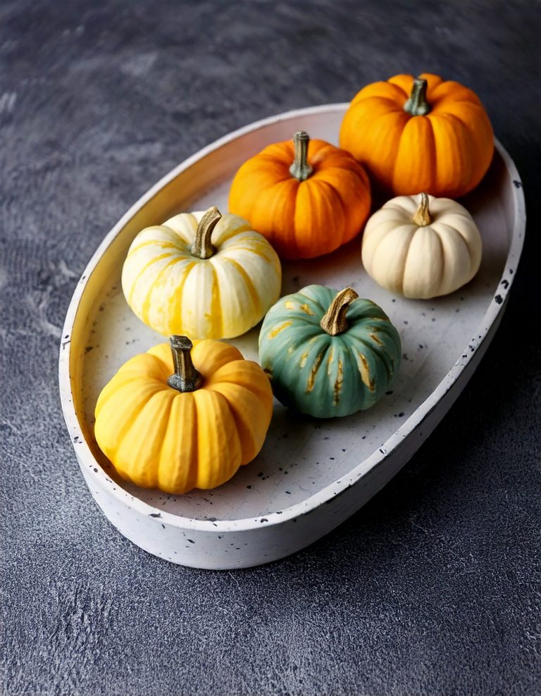 Concrete Tray with Painted Mini Pumpkins