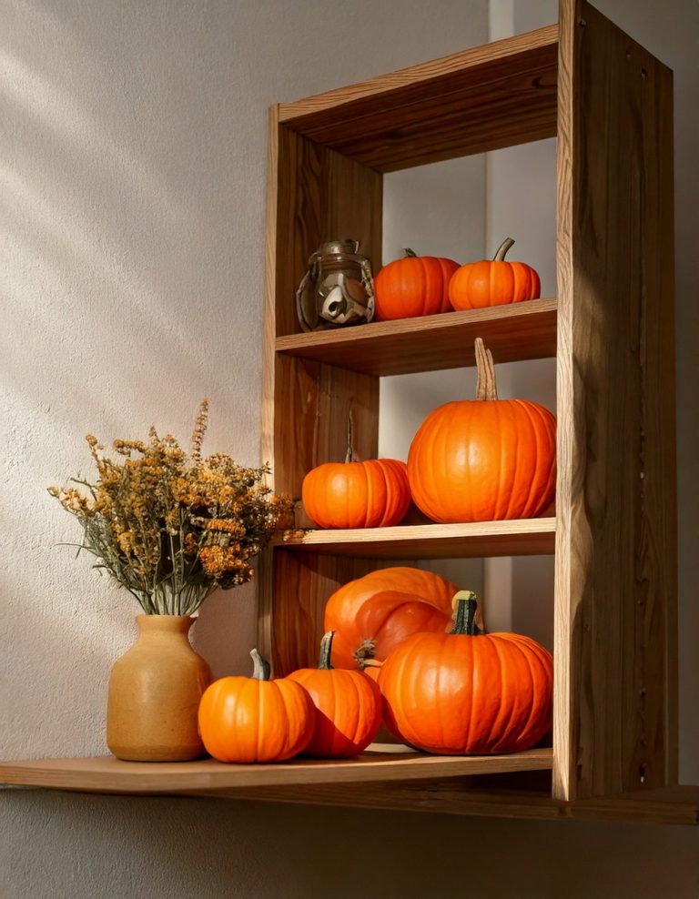 Corner Shelf Display with Mini Pumpkins