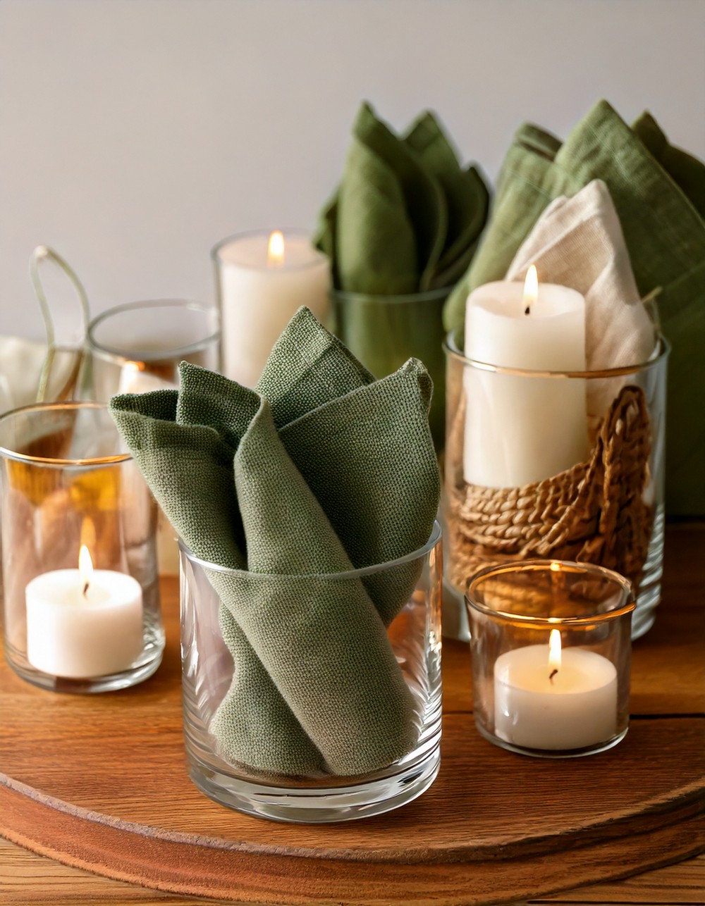Cotton Napkins Under Glass Candle Holders