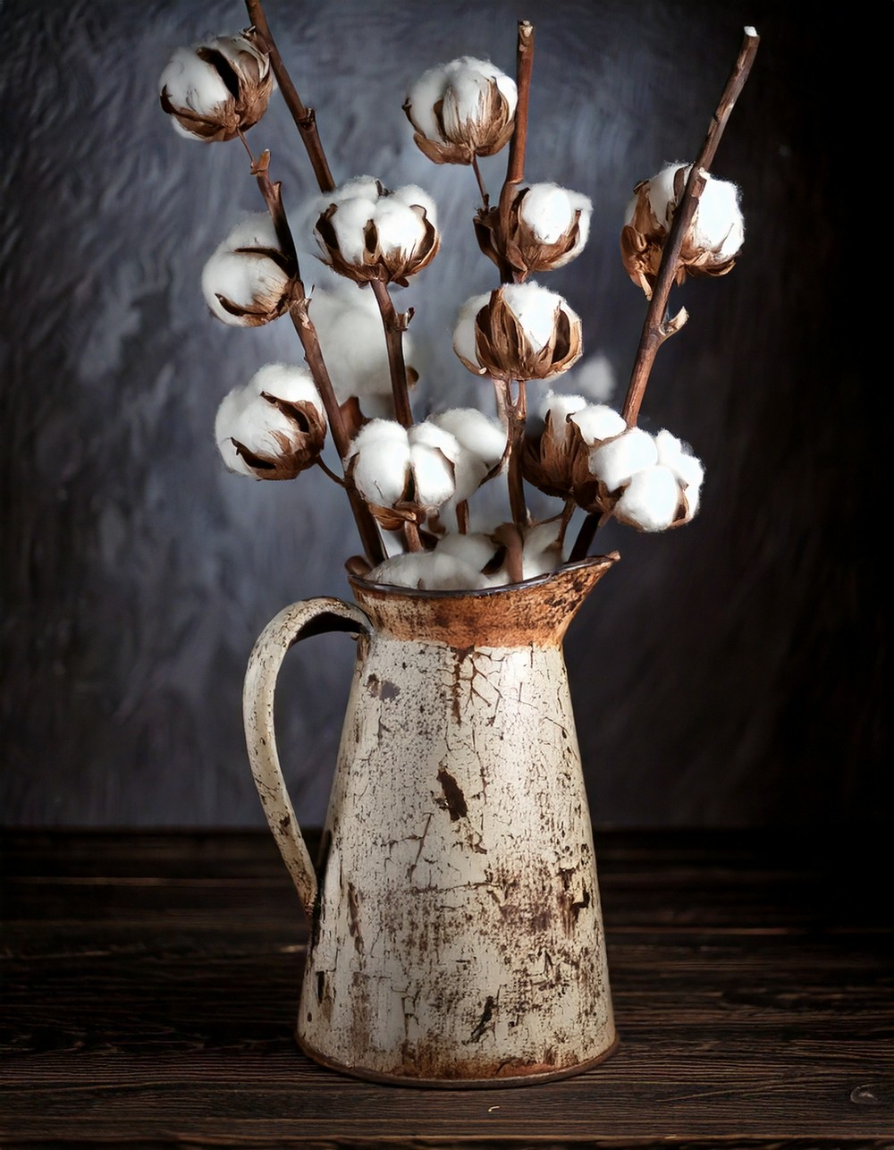 Cotton Stems in a Distressed Pitcher