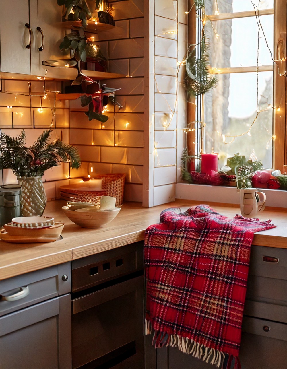 Cozy Kitchen Nook with Plaid Textiles