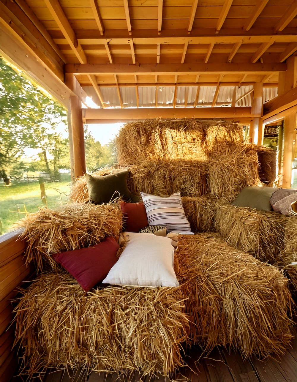DIY Hay Bale Seating Area with Pillows