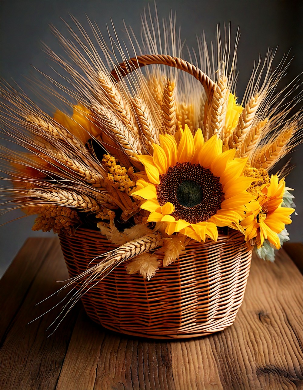 DIY Sunflower and Wheat Bundle in a Basket