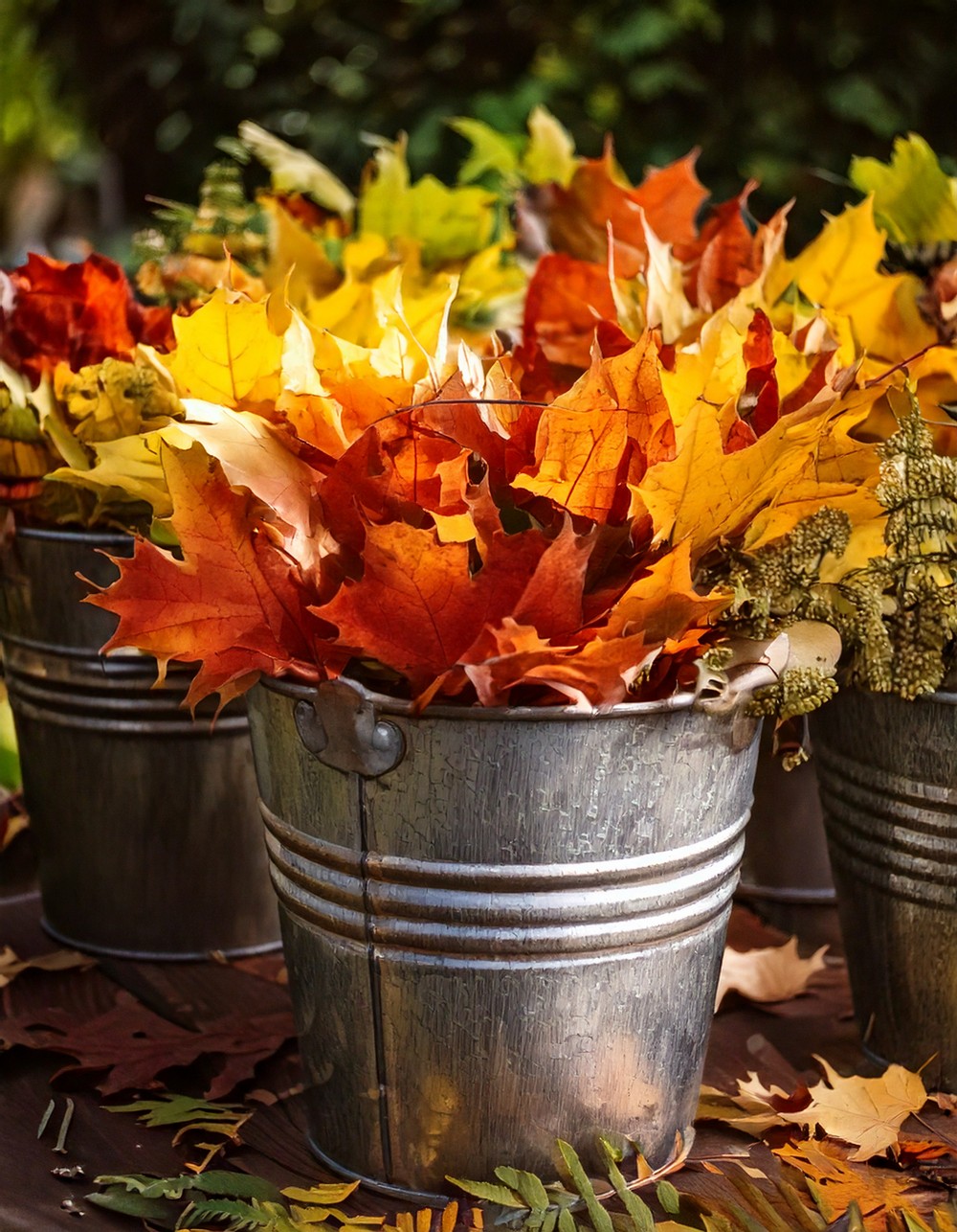 Decorate with Galvanized Metal Buckets Filled with Fall Foliage