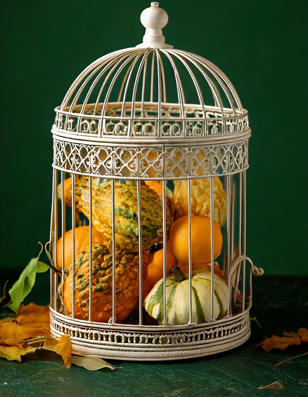 Delicate Birdcage Filled with Gourds