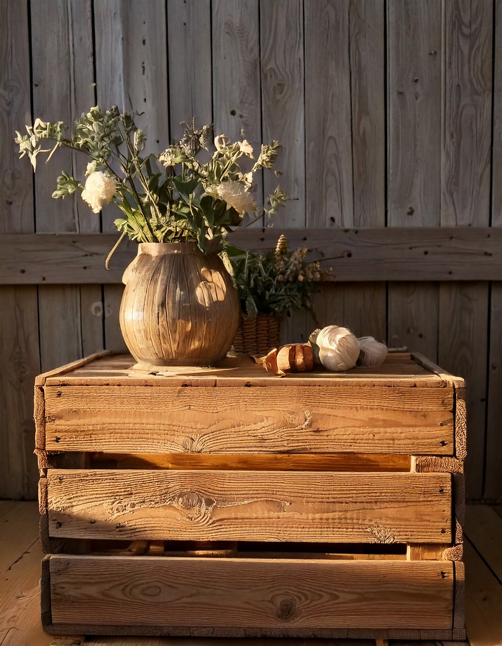Distressed Wooden Crate as a Decor Platform