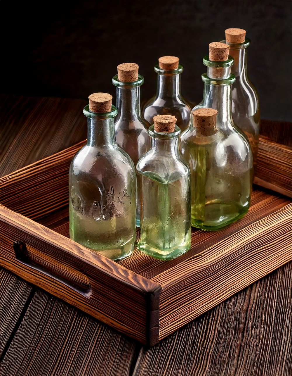 Distressed Wooden Tray with Glass Bottles