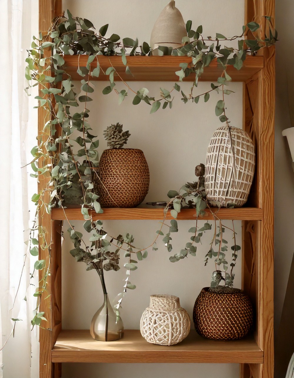 Dried Eucalyptus Garland Across Open Shelves