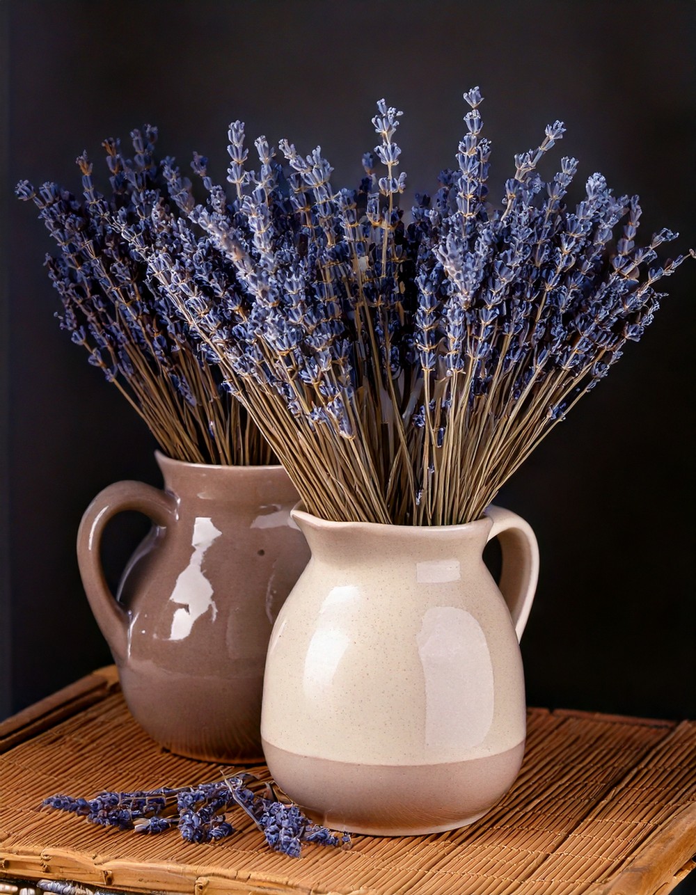 Dried Lavender Bundles in Ceramic Jugs