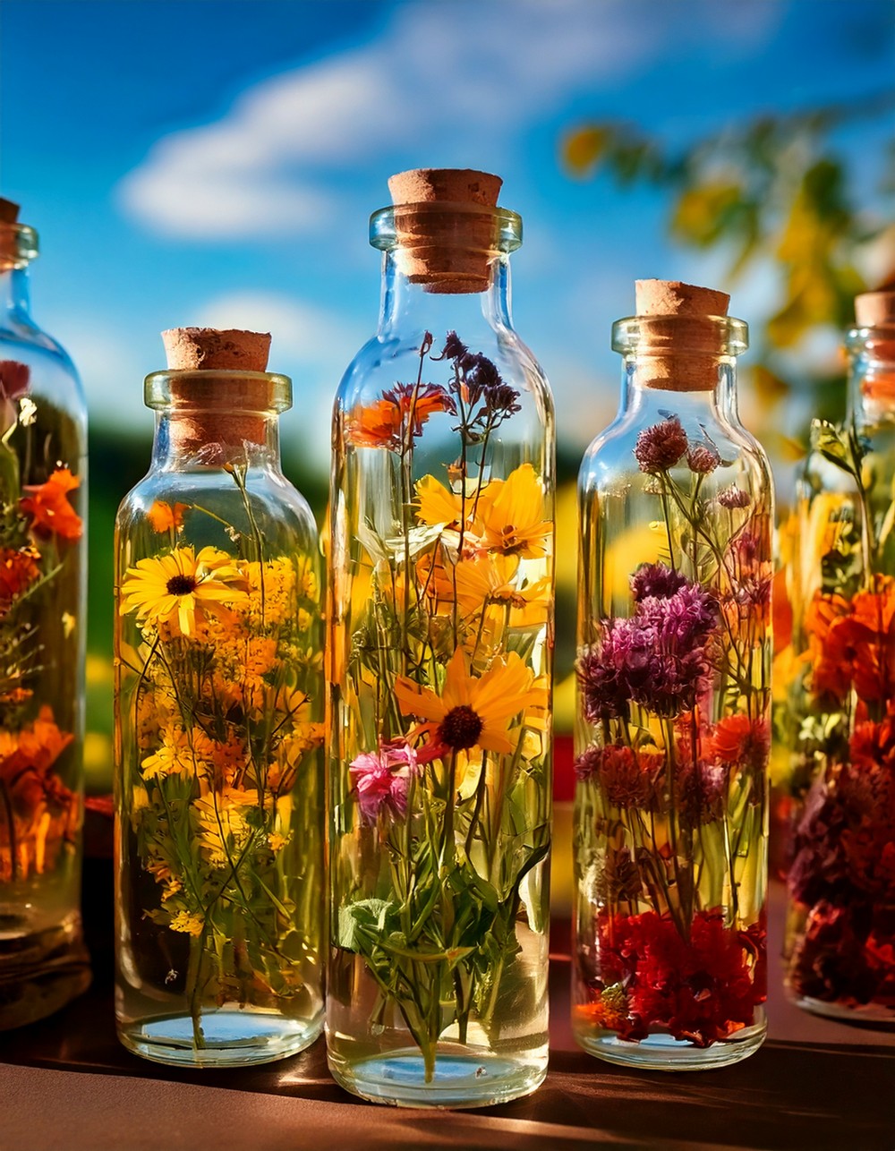 Fall-Colored Wildflowers in Glass Bottles