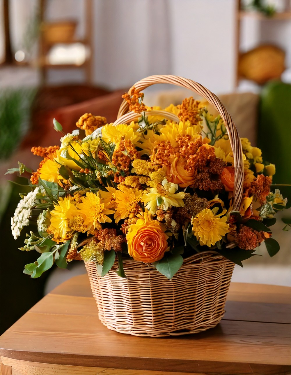 Fall Floral Basket on Coffee Table