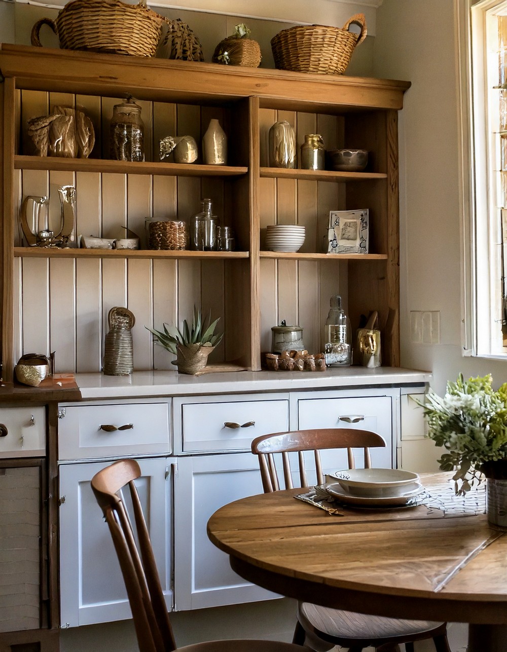 Farmhouse Dining Room with a Hutch Display