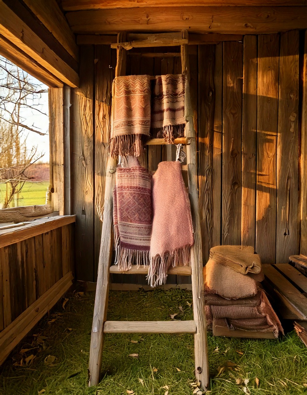 Farmhouse Ladder with Hanging Blankets