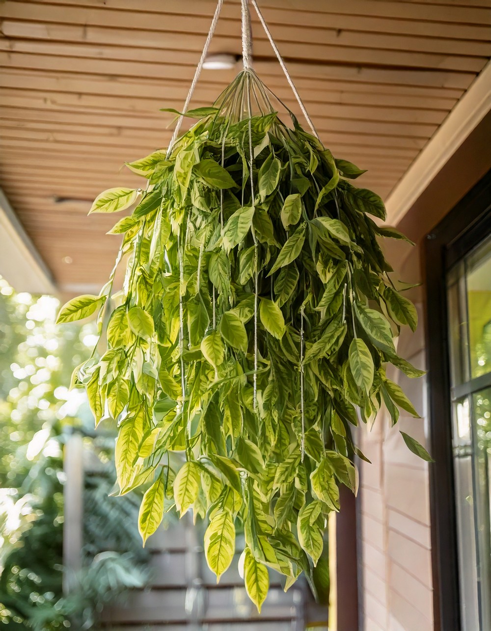 Faux Leaf Mobile Hanging from Porch Ceiling