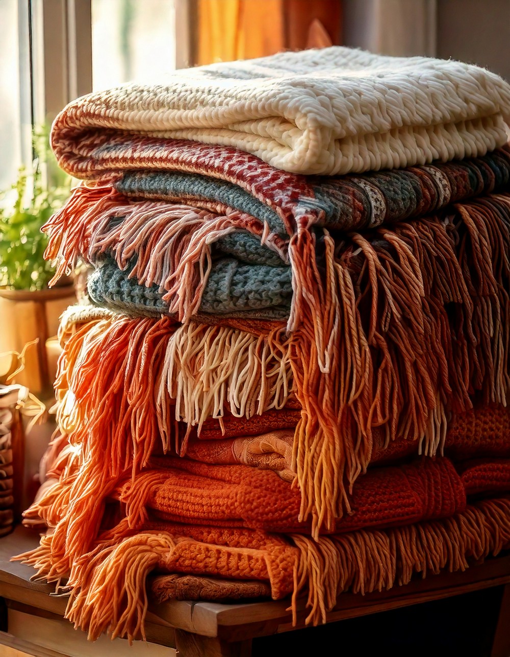 Fringe-Edged Throws Layered for Warmth