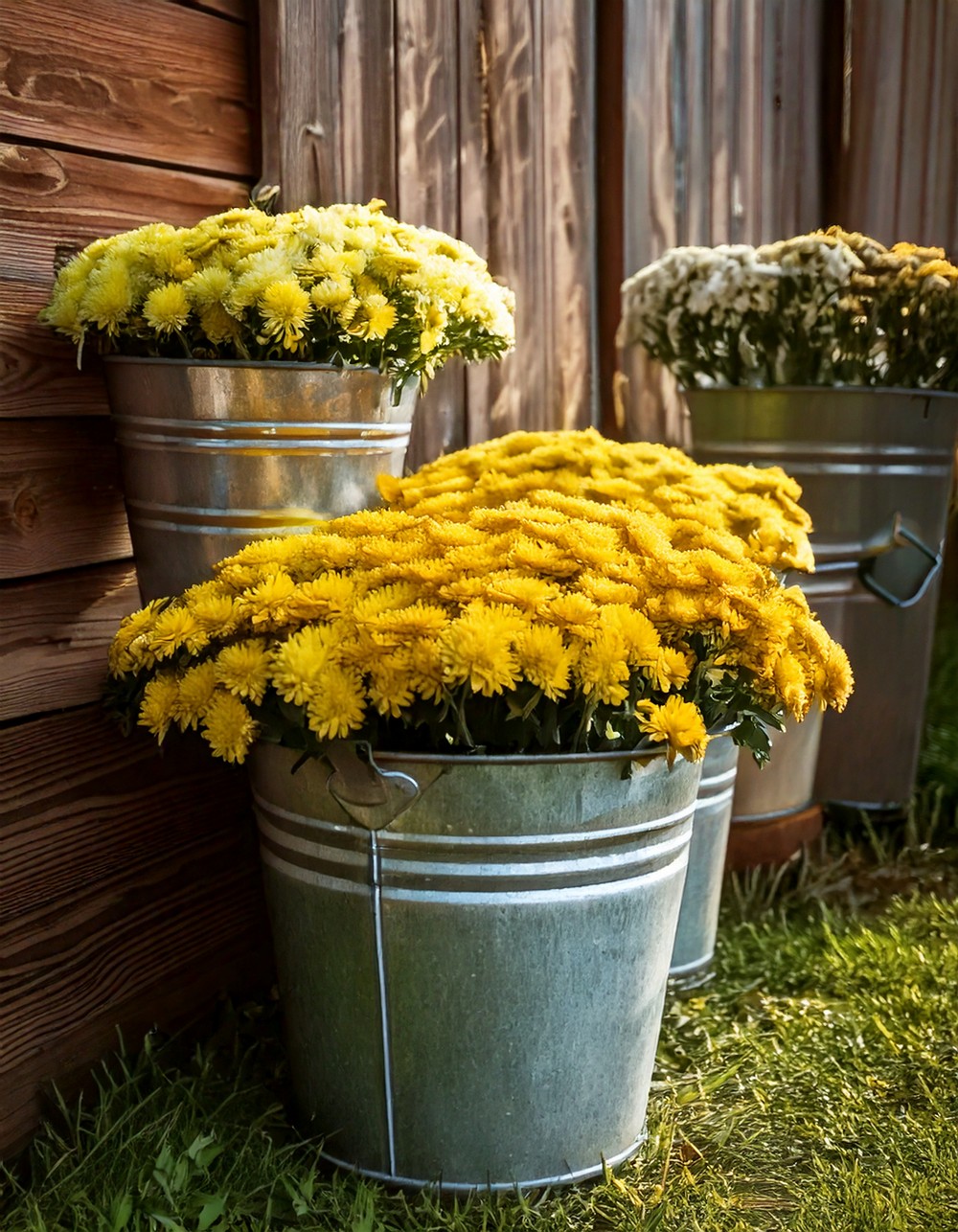 Galvanized Metal Buckets with Mums