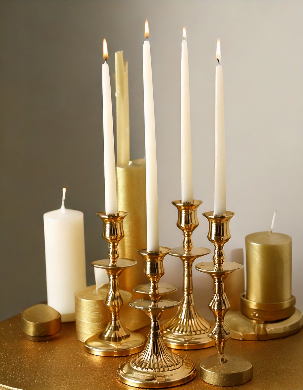Gold Candle Holders with Ivory Tapers