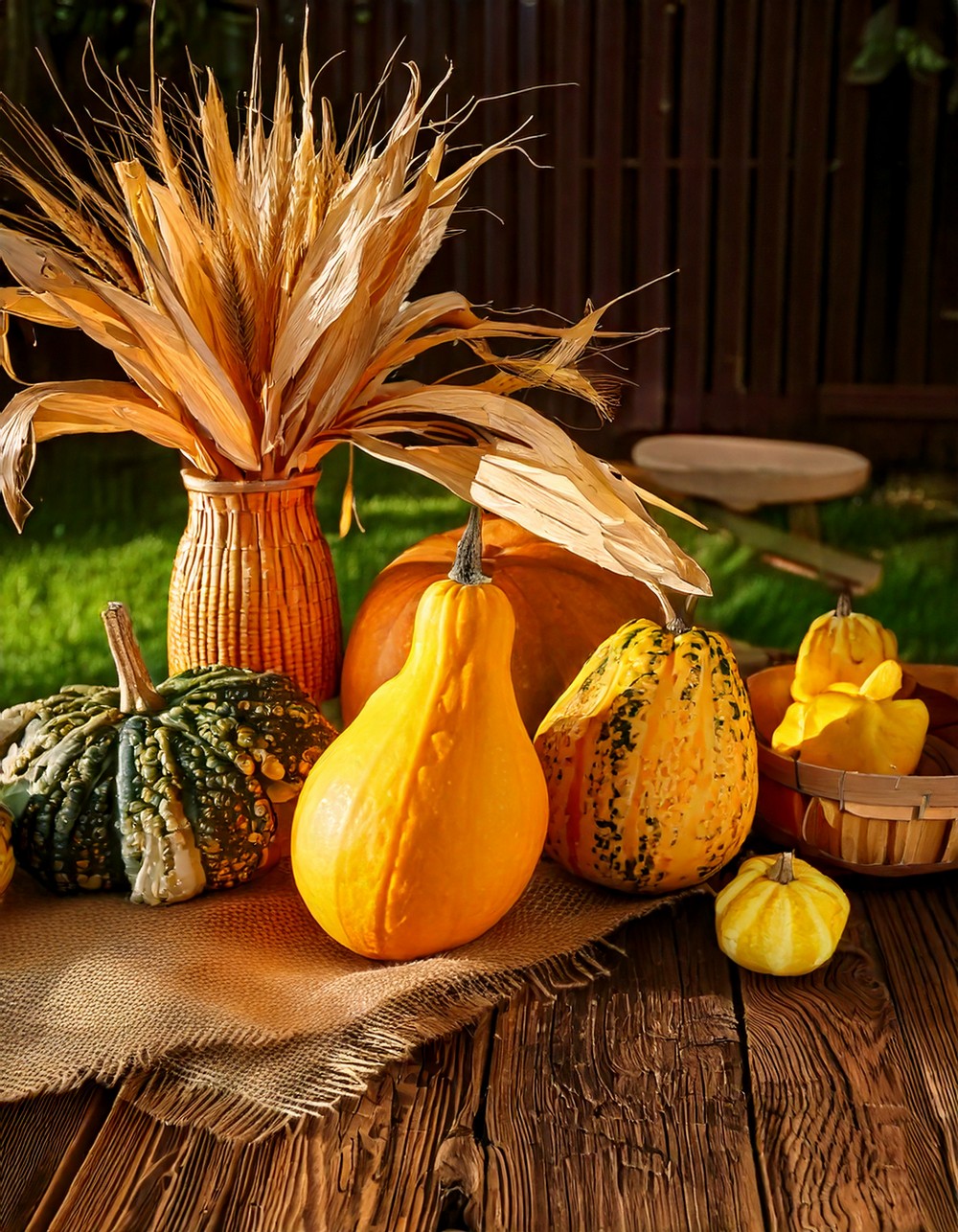 Gourds and Corn Husks on a Farmhouse Table