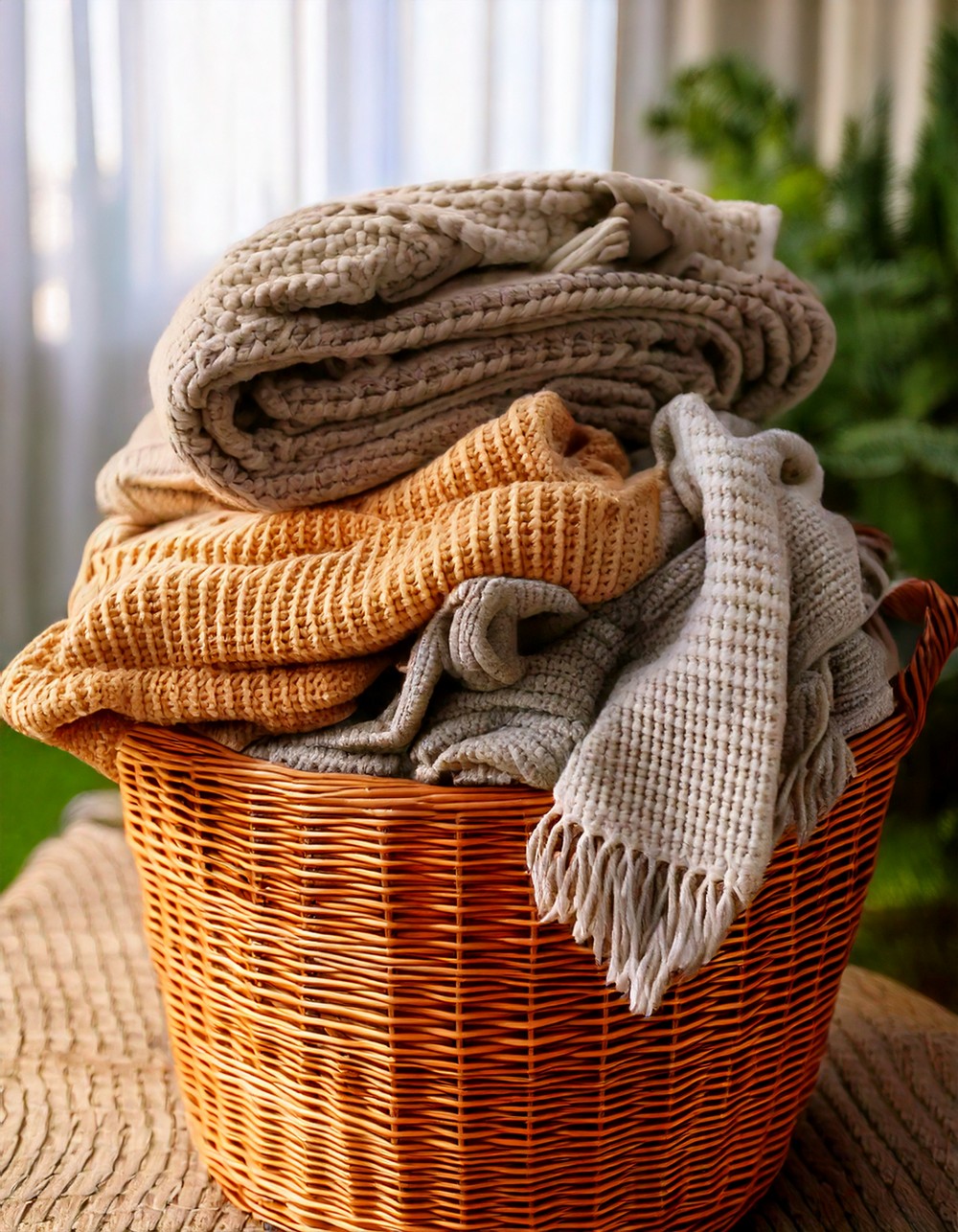 Handwoven Rattan Basket with Cozy Throws