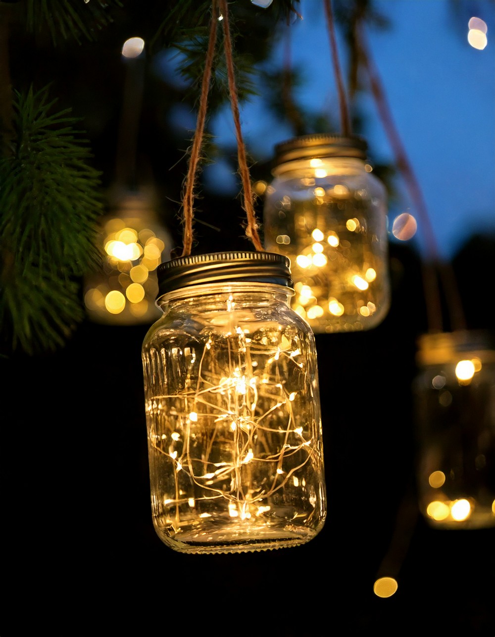 Hanging Mason Jars with Twinkle Lights