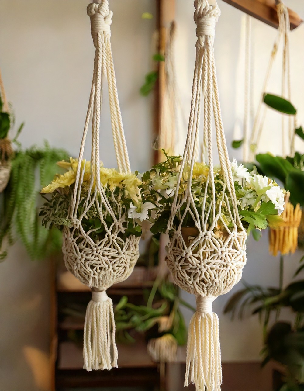 Homemade Macrame Plant Hangers with Mums