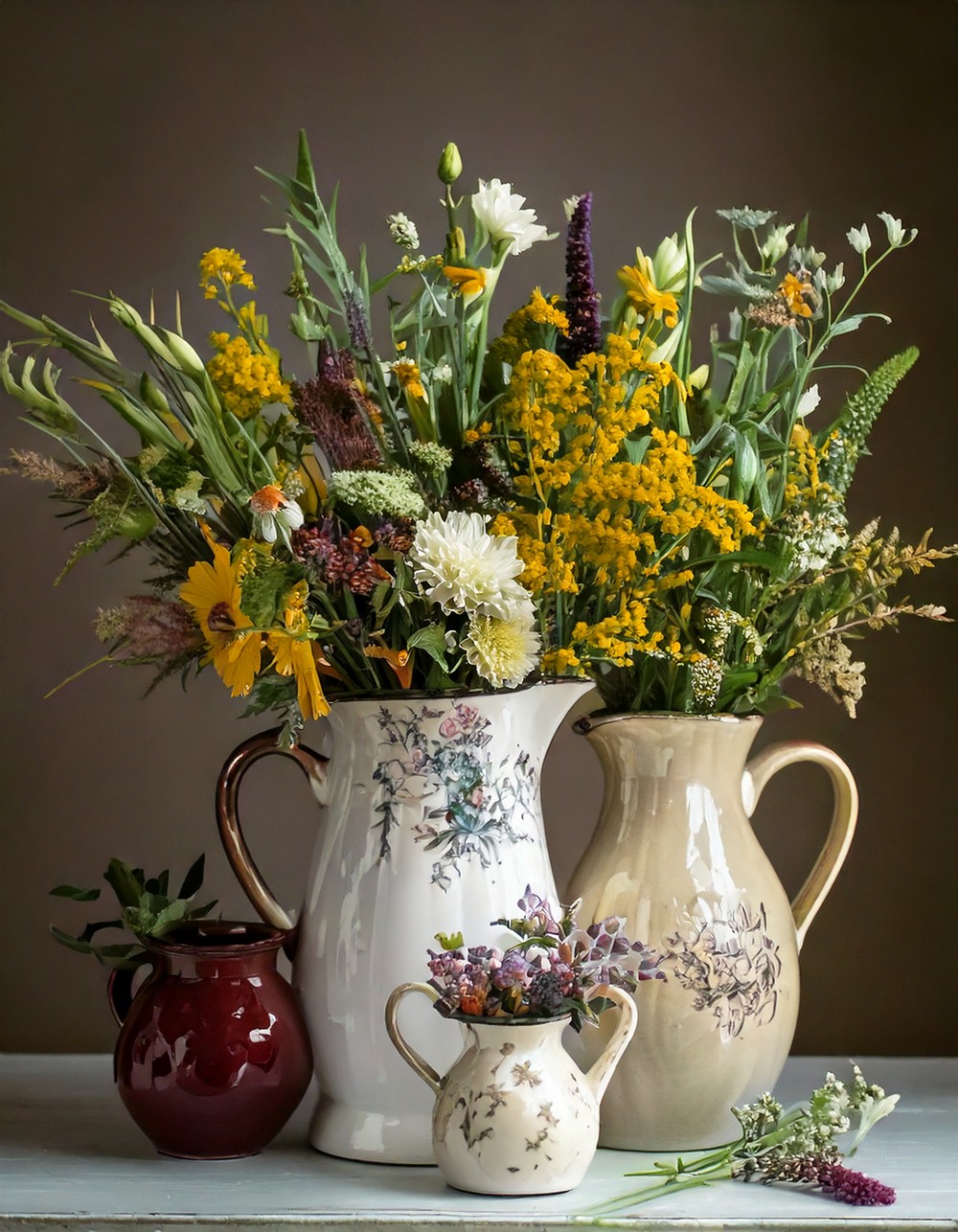 Ironstone Pitchers with Seasonal Bouquets